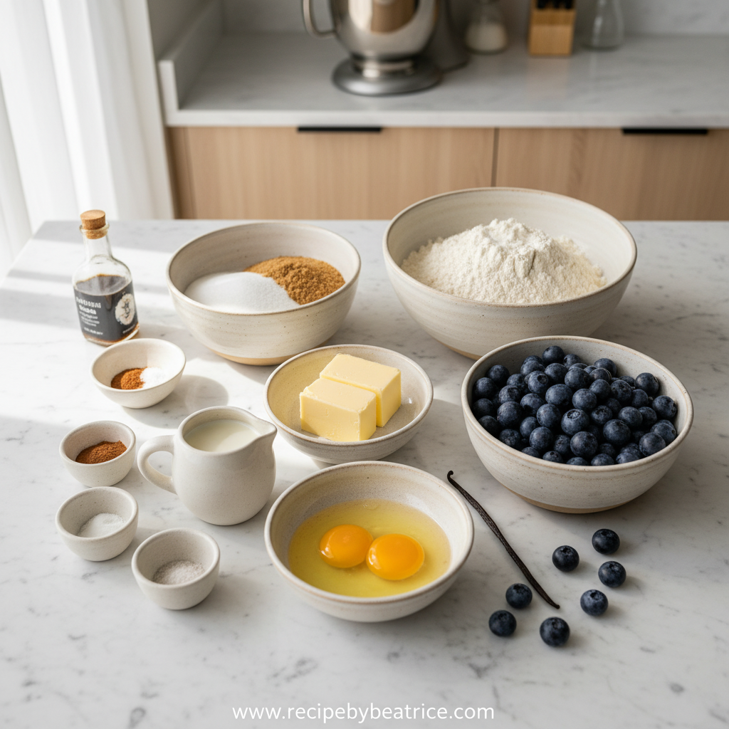 Ingredients for blueberry muffins with streusel topping