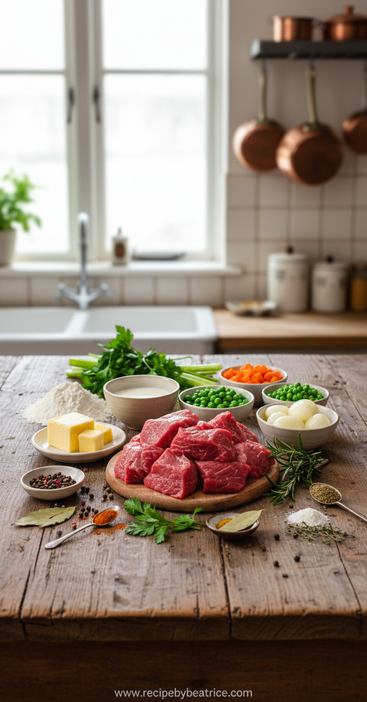 Ingredients for herbed biscuit beef pot pie including beef, vegetables, and herbs