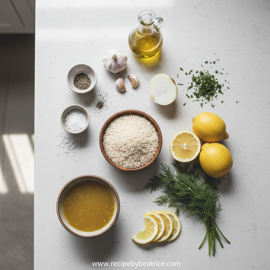 Ingredients for Greek lemon rice laid out on counter