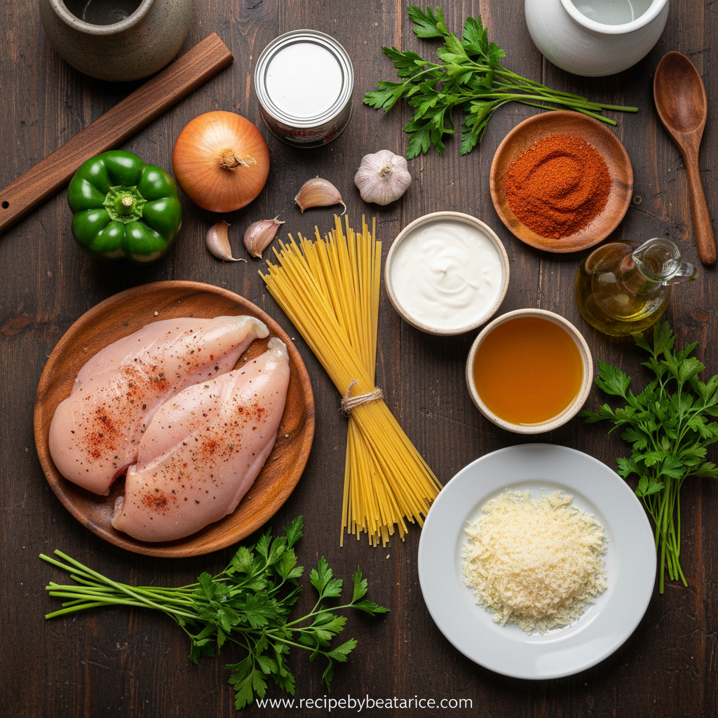 Ingredients for Cajun chicken spaghetti including chicken, peppers, spices, and pasta