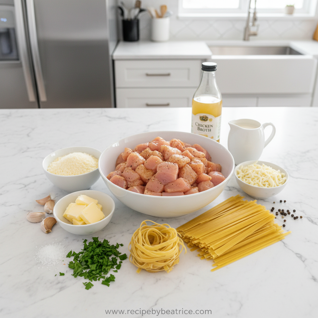 Ingredients for cheesy chicken Alfredo pasta