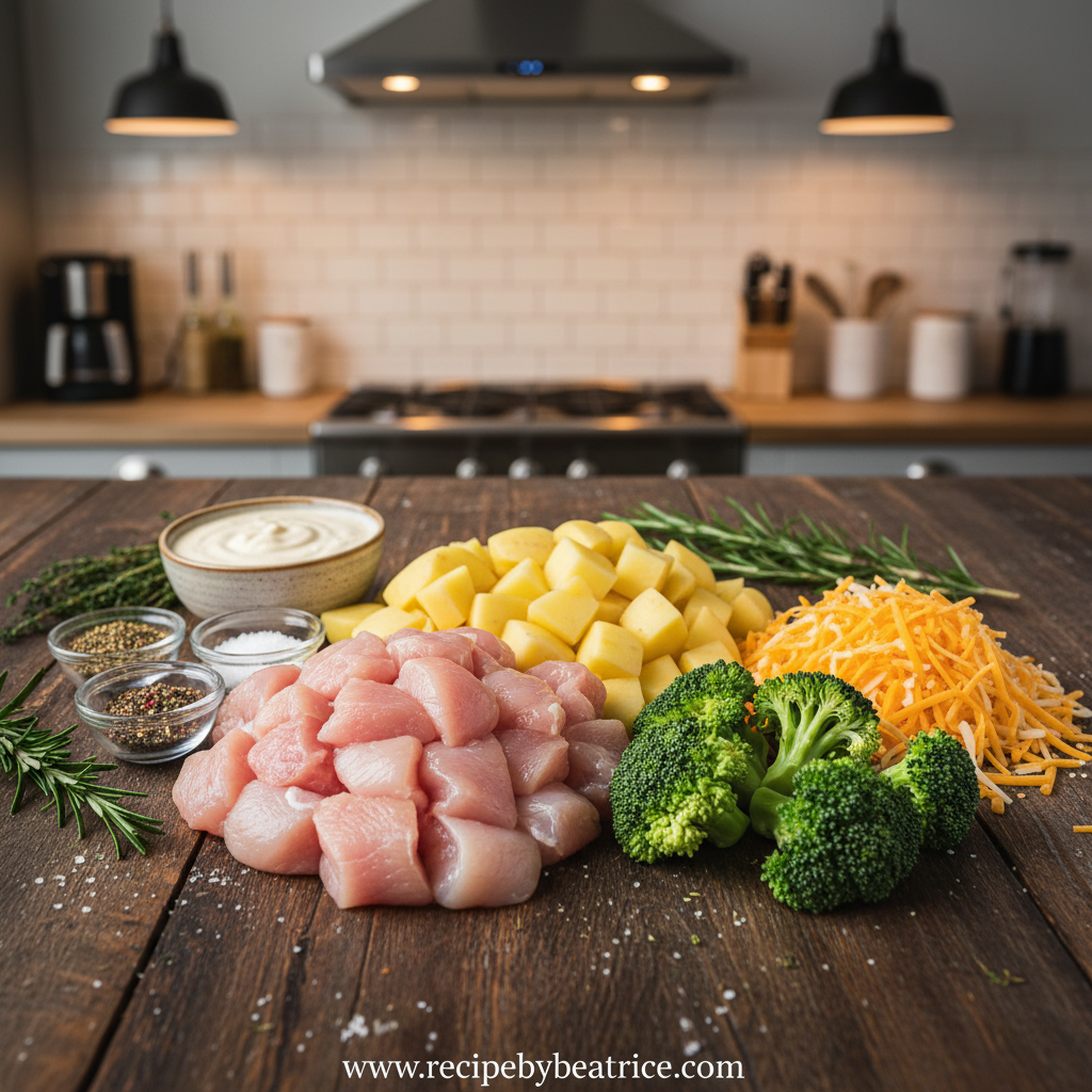 Ingredients for cheesy chicken potato broccoli casserole