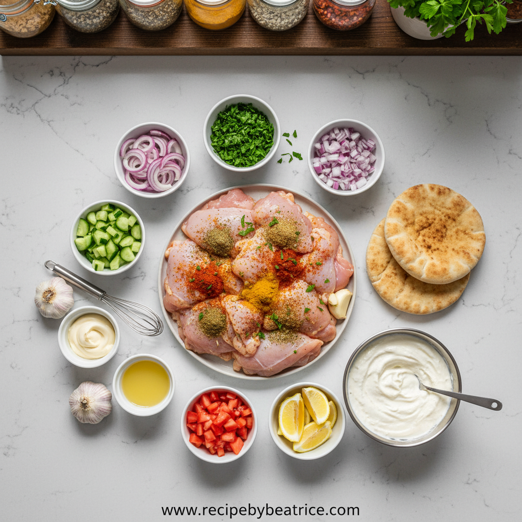 Ingredients for chicken shawarma marinade and garlic sauce