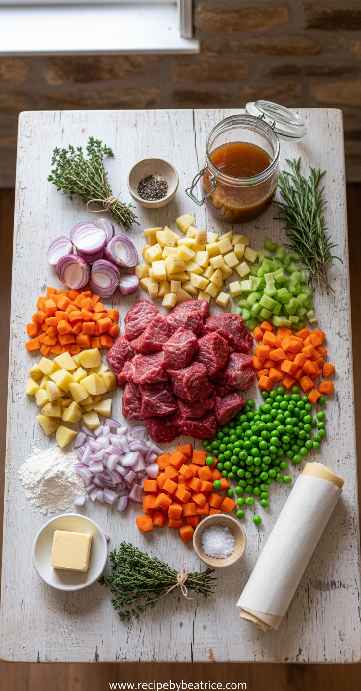 Fresh ingredients for classic beef pot pie including beef, vegetables, and pastry