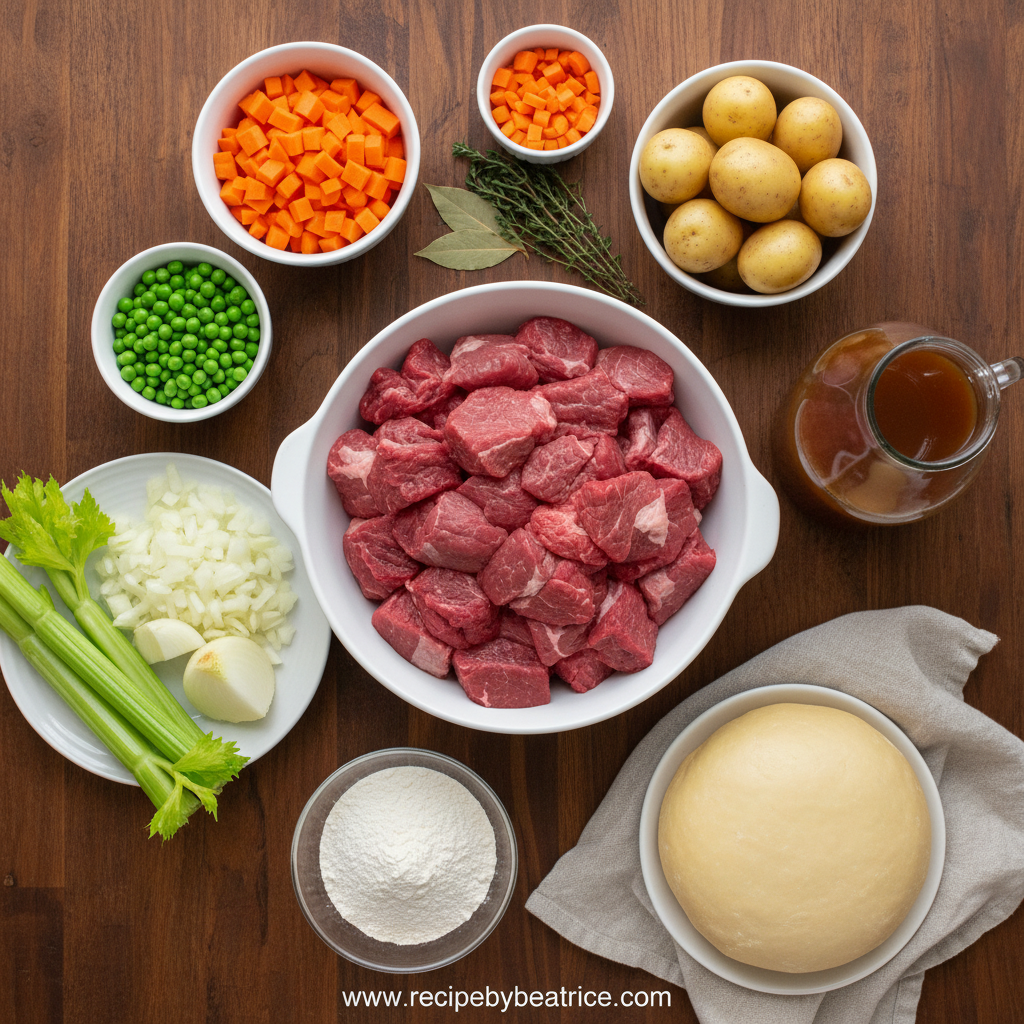 Ingredients for classic beef pot pie arranged on counter