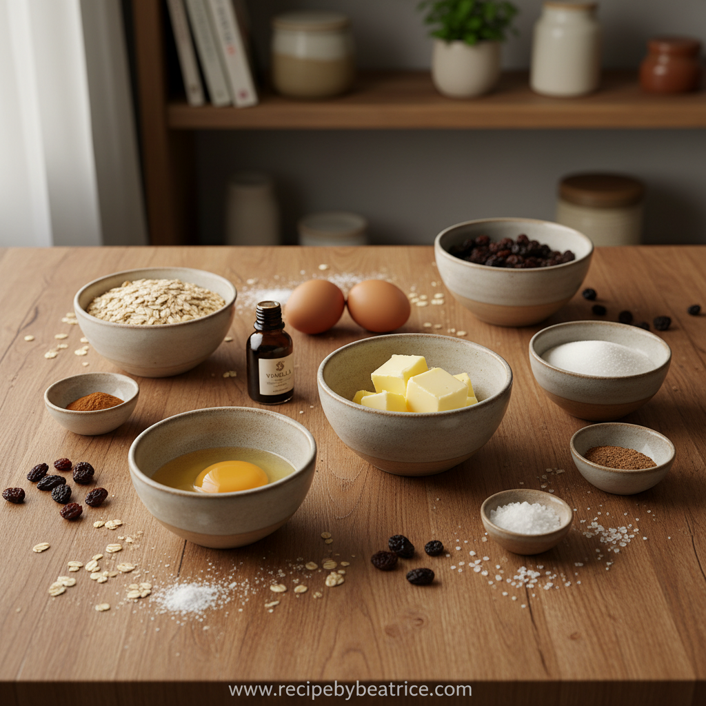 All ingredients for classic oatmeal cookies laid out on counter: oats, flour, butter, brown sugar, eggs, and vanilla