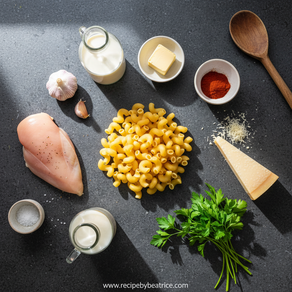 Ingredients for comfort chicken pasta recipe