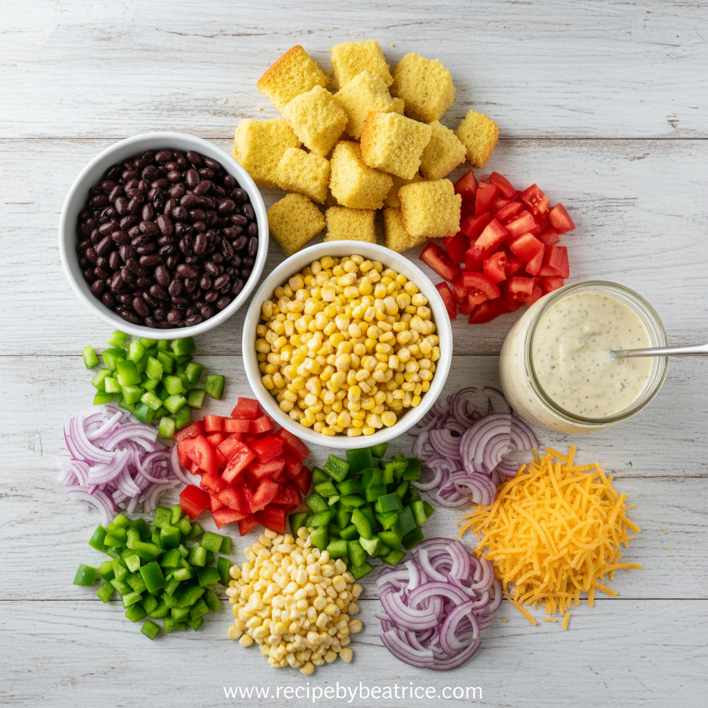 Ingredients for crumbled cornbread salad laid out on counter
