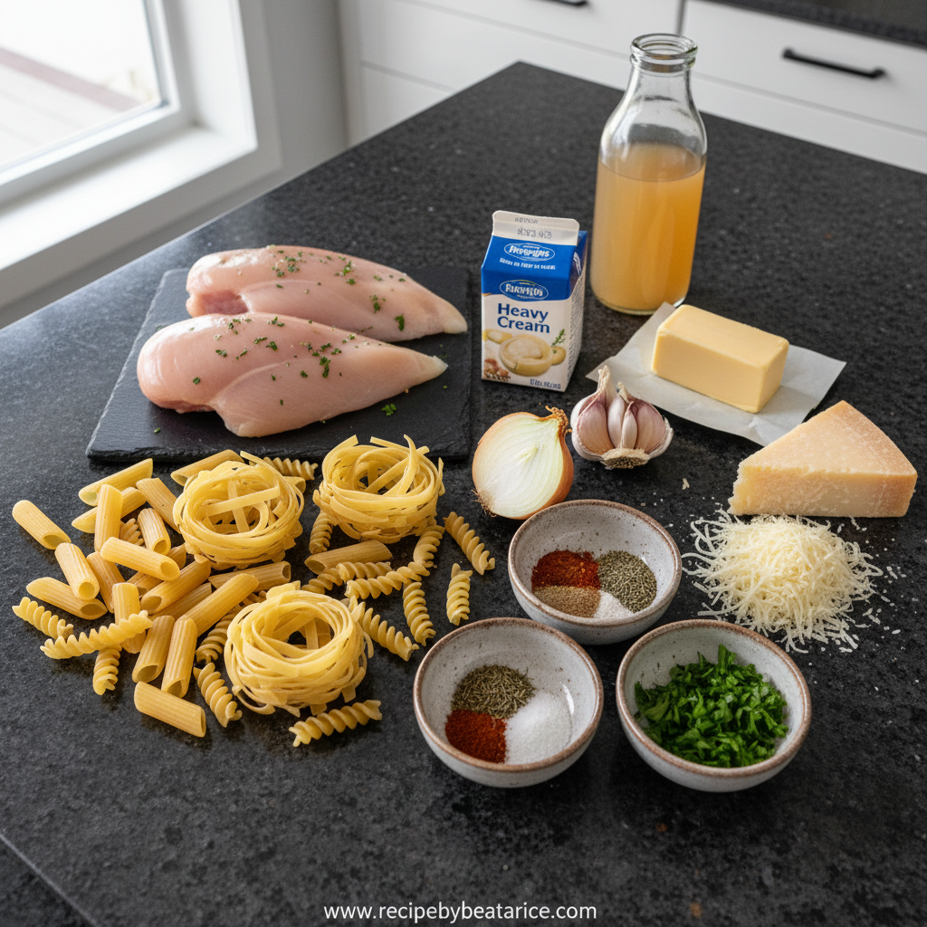 Ingredients for creamy cowboy butter chicken pasta