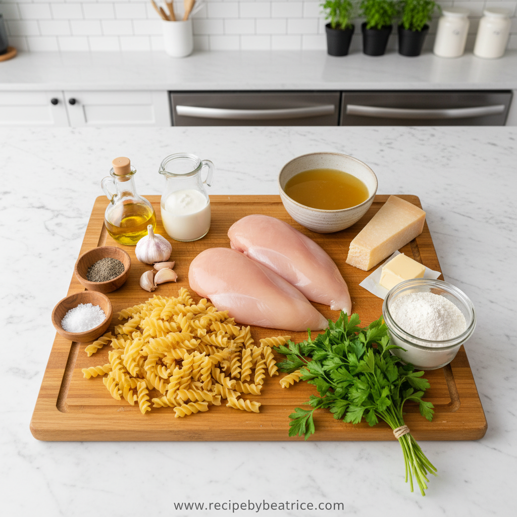 Ingredients for creamy garlic parmesan chicken pasta