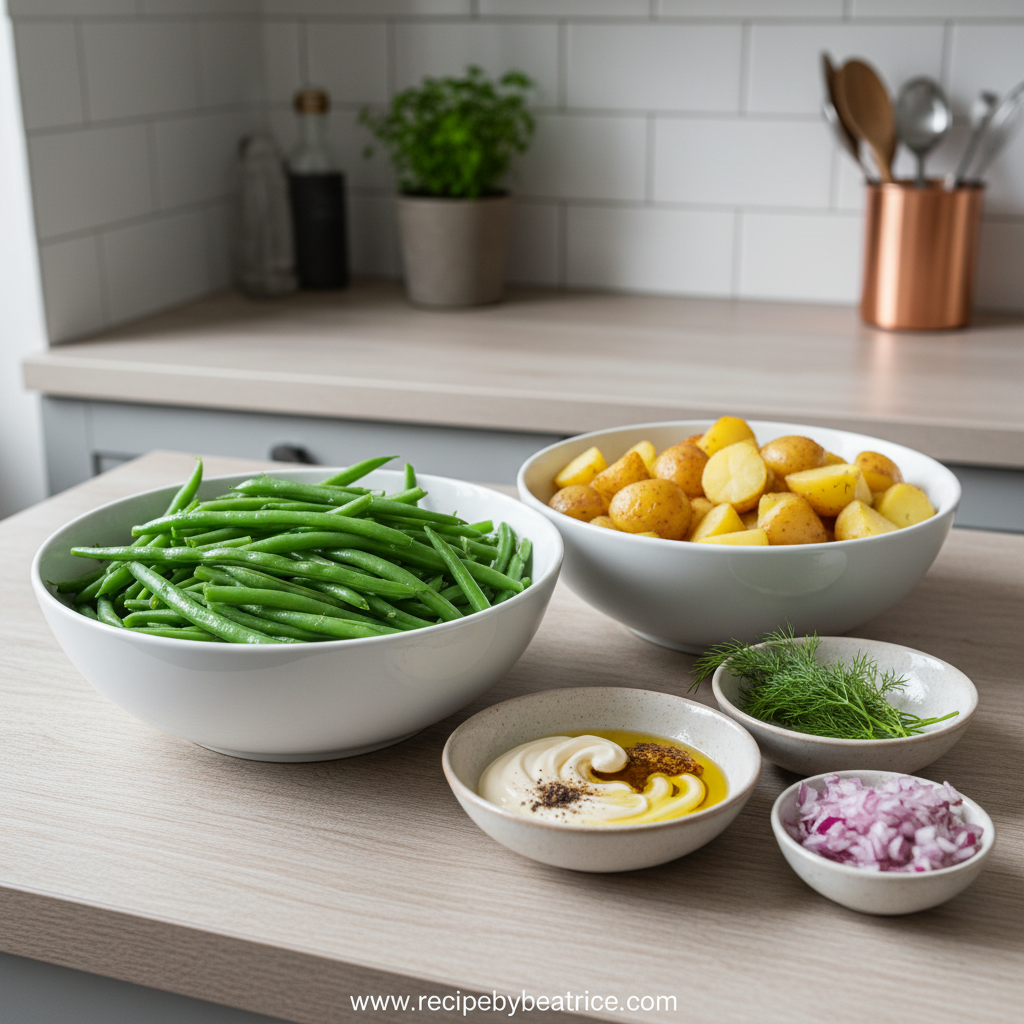 Ingredients for creamy green bean potato salad including potatoes, green beans, and herbs