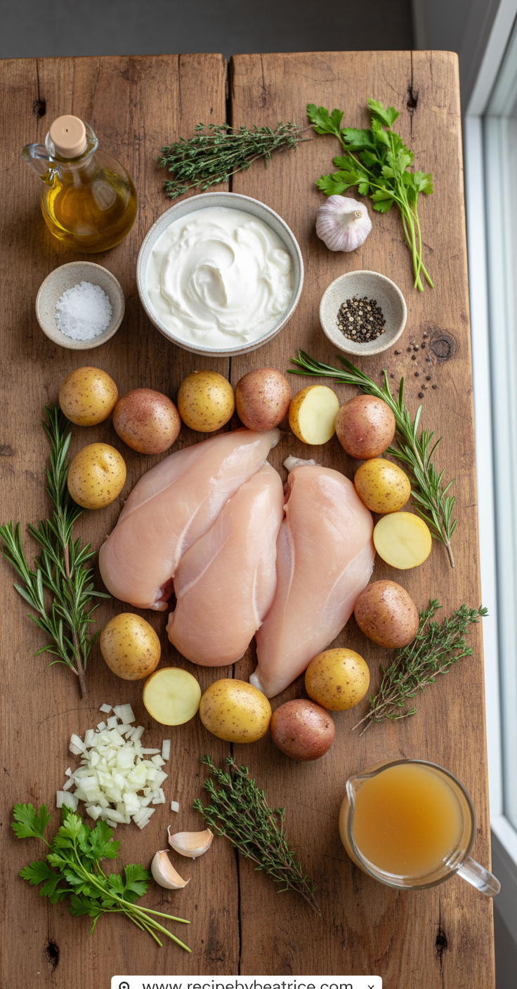 Ingredients for creamy herb chicken and roasted potatoes