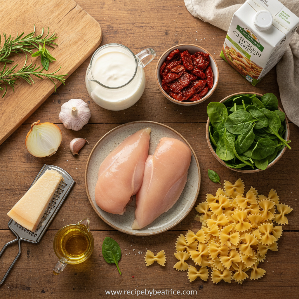 Ingredients for creamy chicken pasta including chicken, pasta, cream, sun-dried tomatoes, and herbs