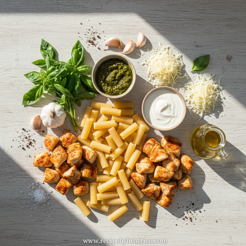Ingredients for creamy pesto chicken pasta bake