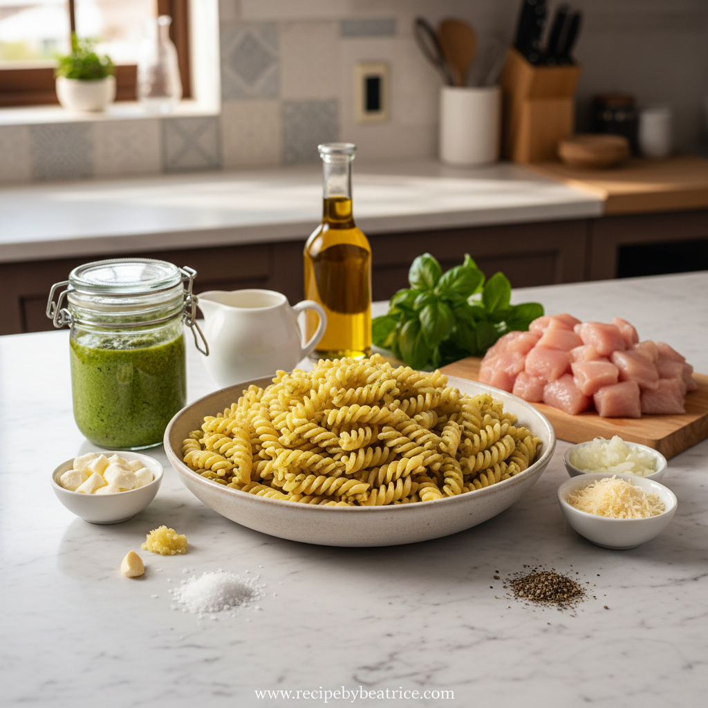 Ingredients for creamy pesto chicken pasta bake
