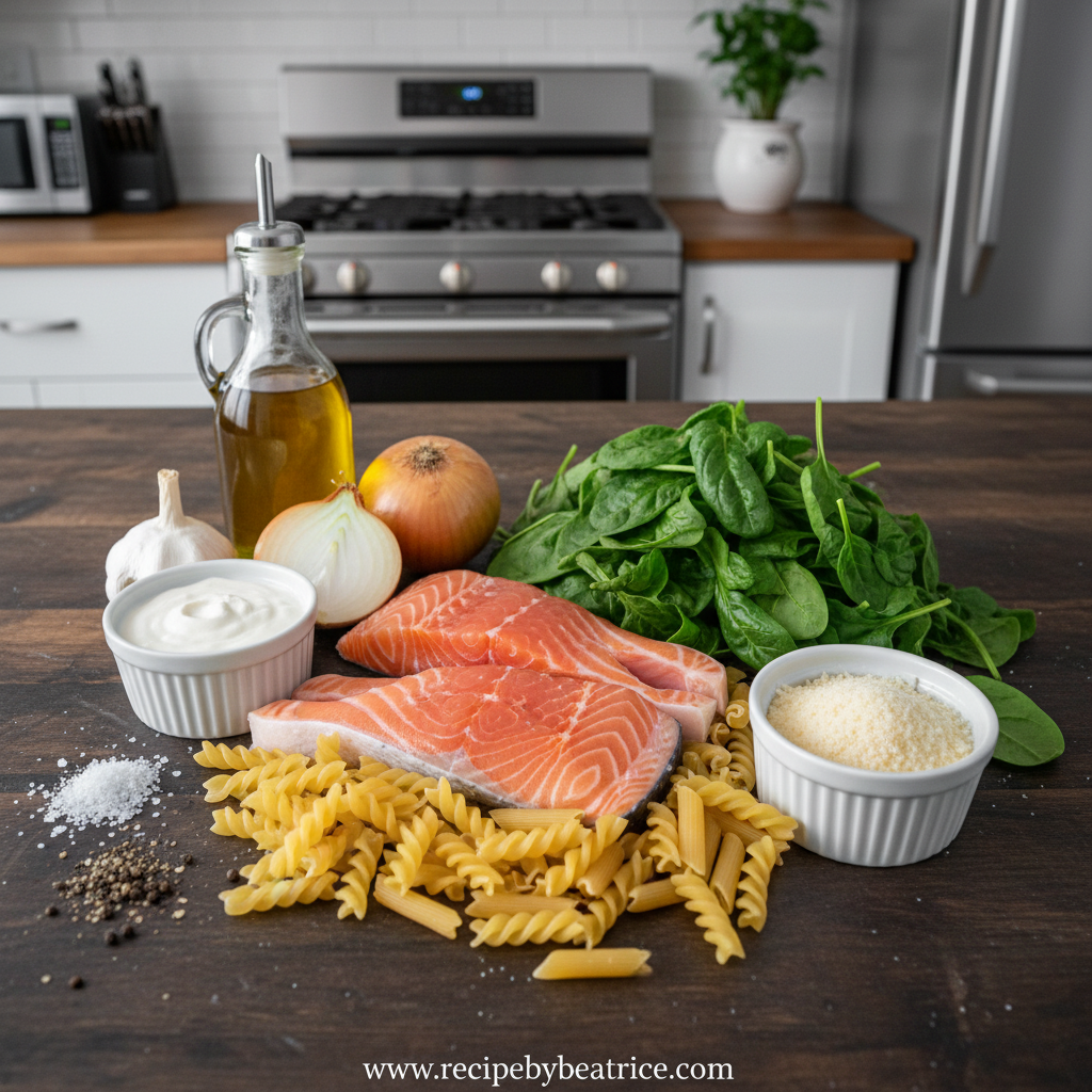 Ingredients for creamy salmon spinach pasta including salmon, spinach, pasta, and seasonings