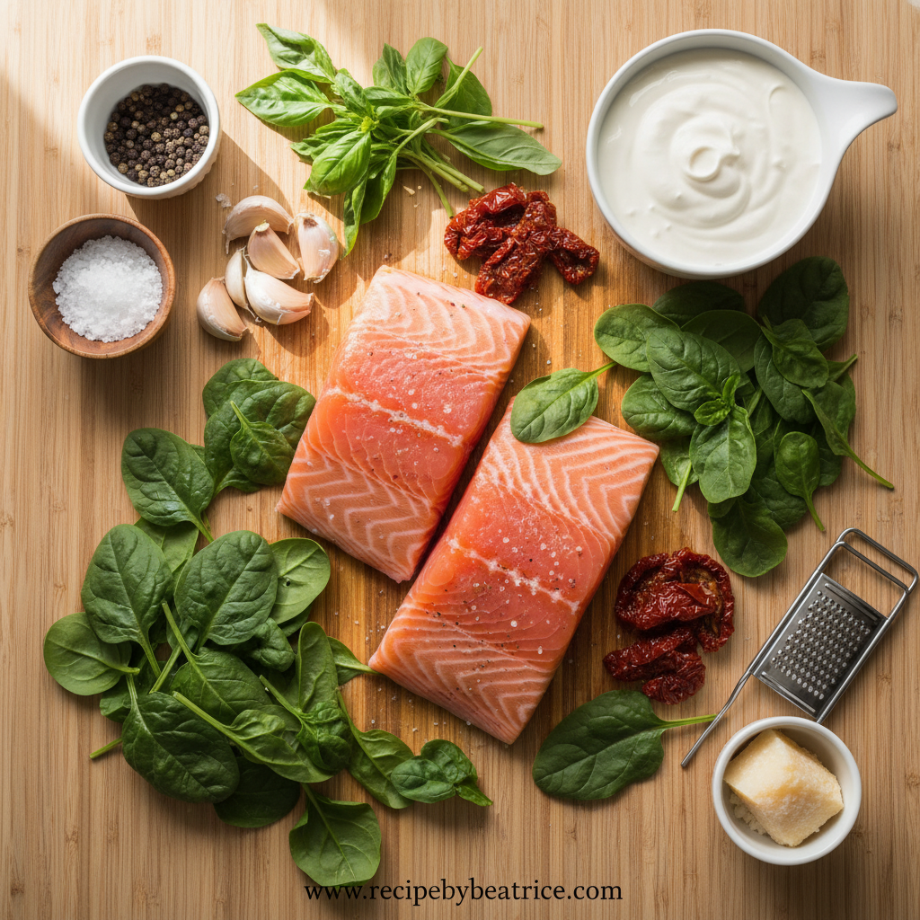 Fresh ingredients for creamy Tuscan salmon including salmon fillets, spinach, sun-dried tomatoes, garlic and cream