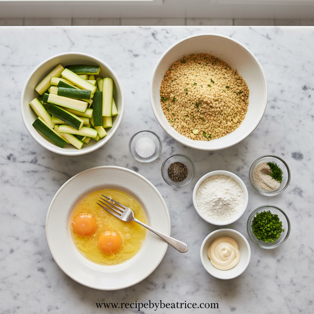 Ingredients for zucchini fries and ranch dip arranged on counter