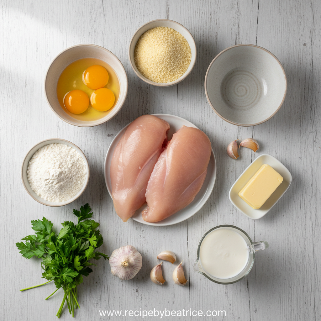 Ingredients for crispy parmesan chicken with garlic sauce