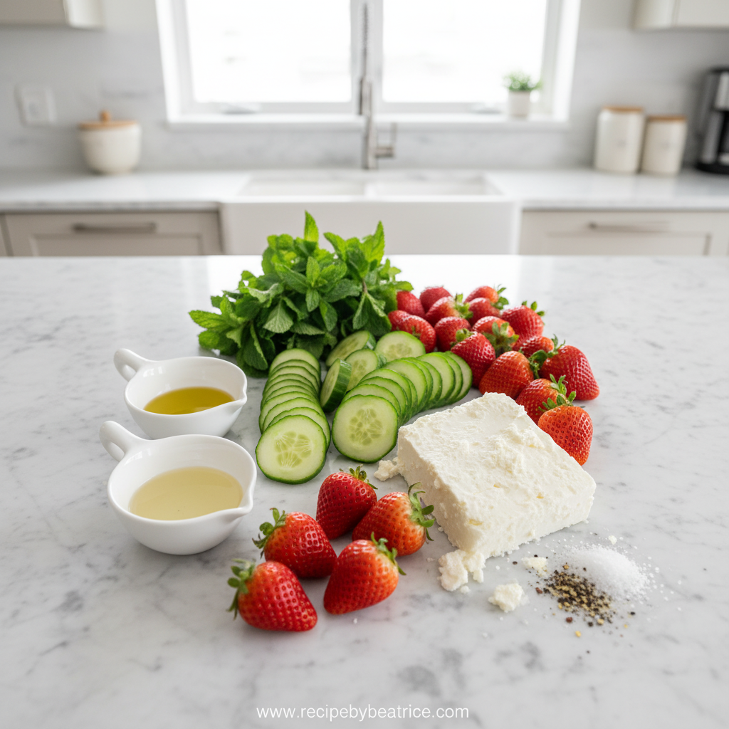 Ingredients for strawberry cucumber feta salad