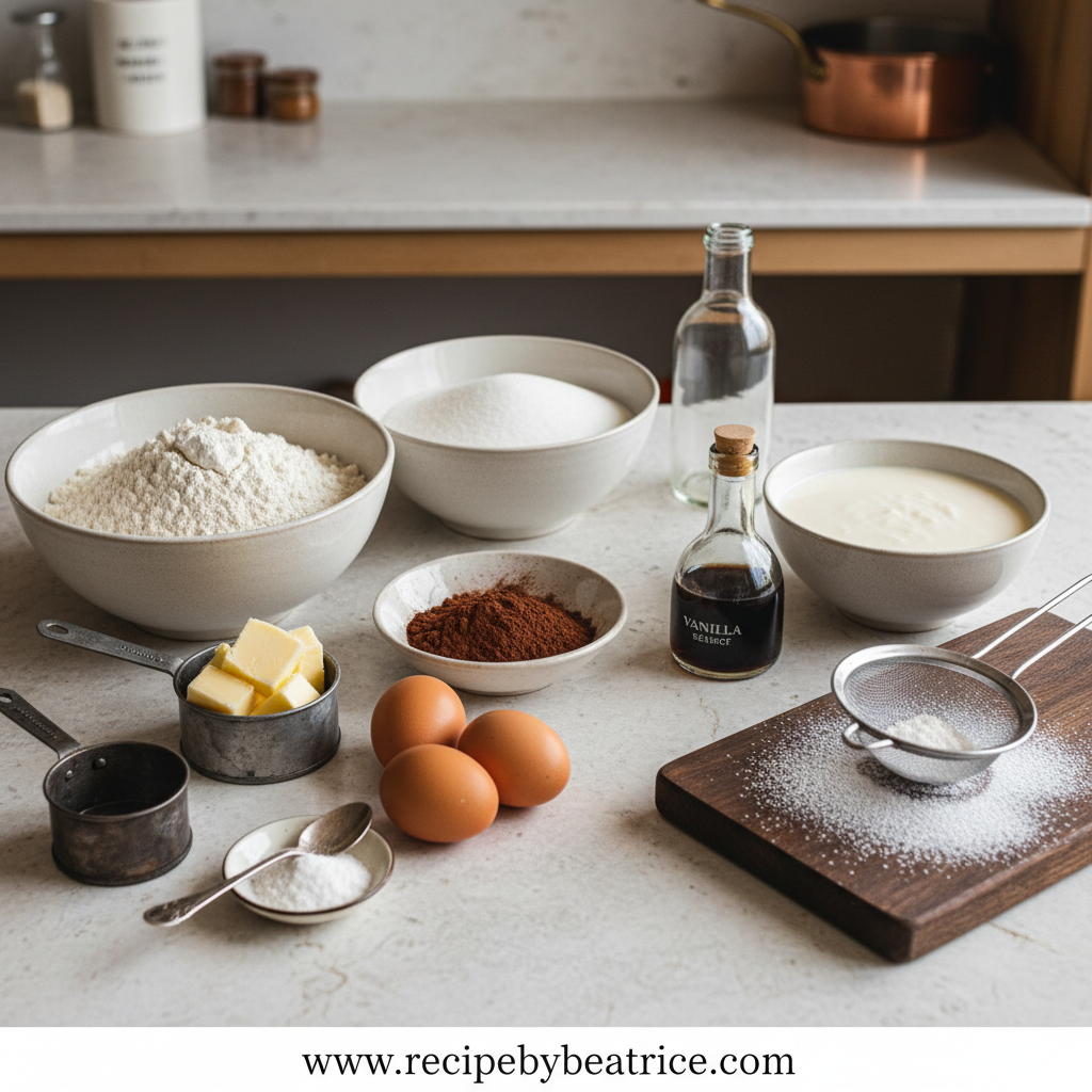 Ingredients for Texas sheet cake including flour, sugar, cocoa powder, and eggs