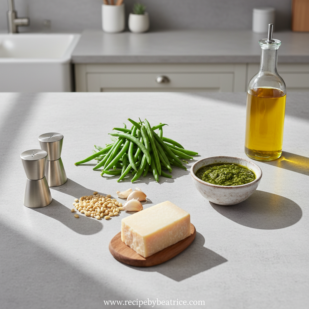 Fresh ingredients for pesto green beans including basil, green beans, and Parmesan
