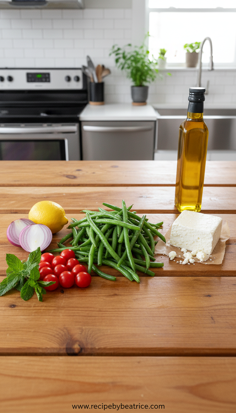 Ingredients for green bean feta salad including fresh vegetables and feta cheese