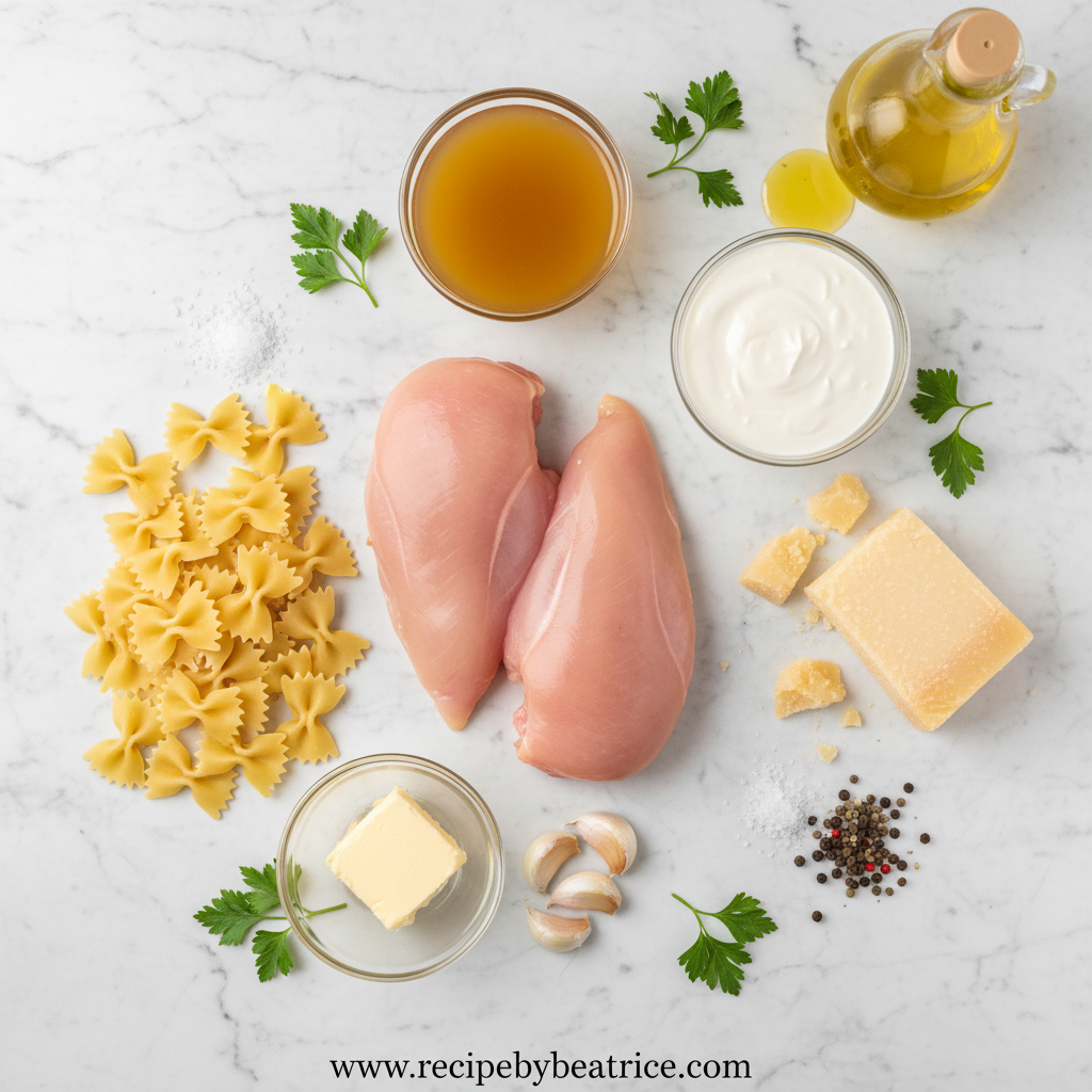 Ingredients for garlic butter chicken bowtie pasta