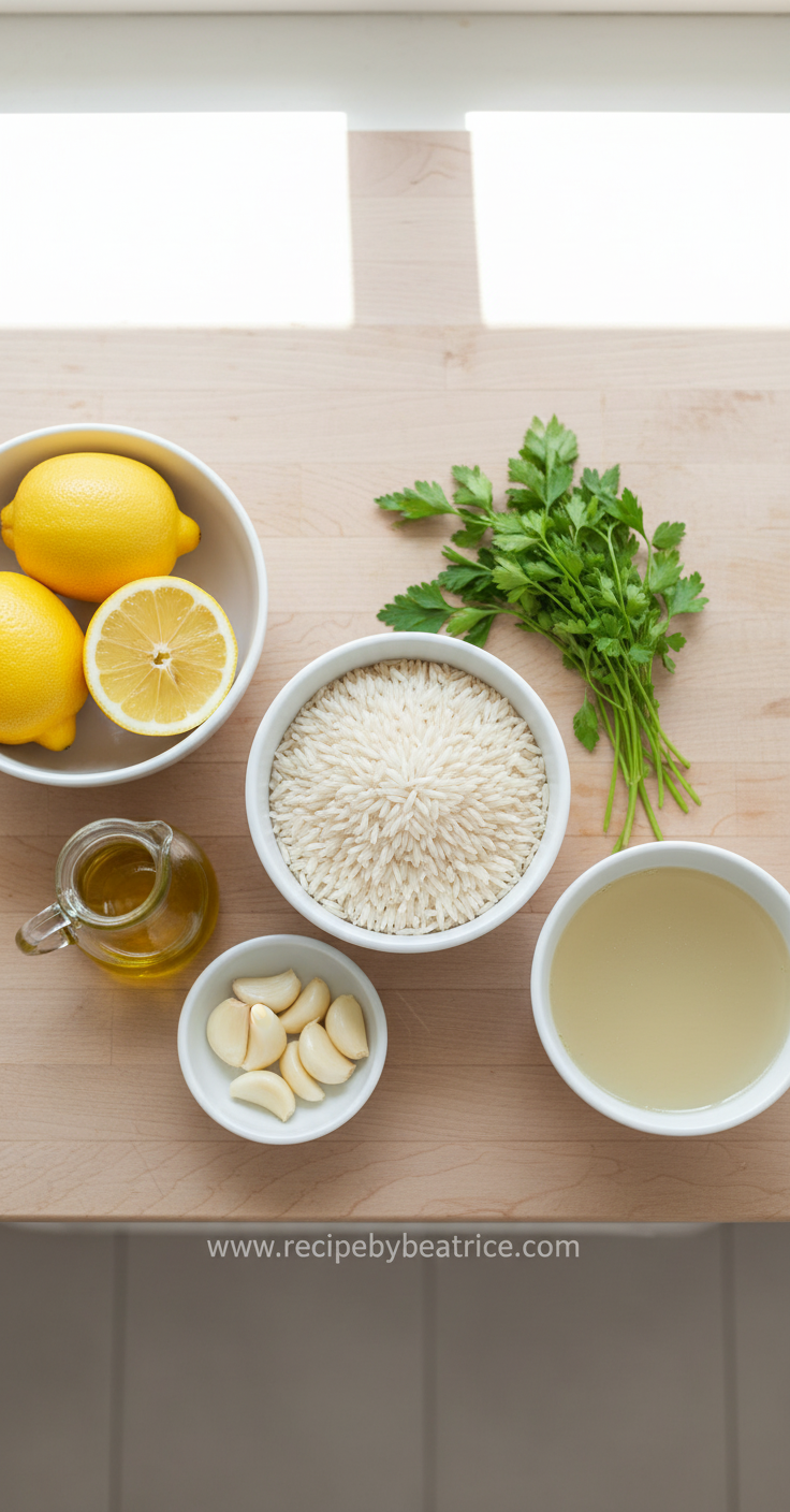 Ingredients for Greek lemon rice including rice, lemons, herbs, and olive oil