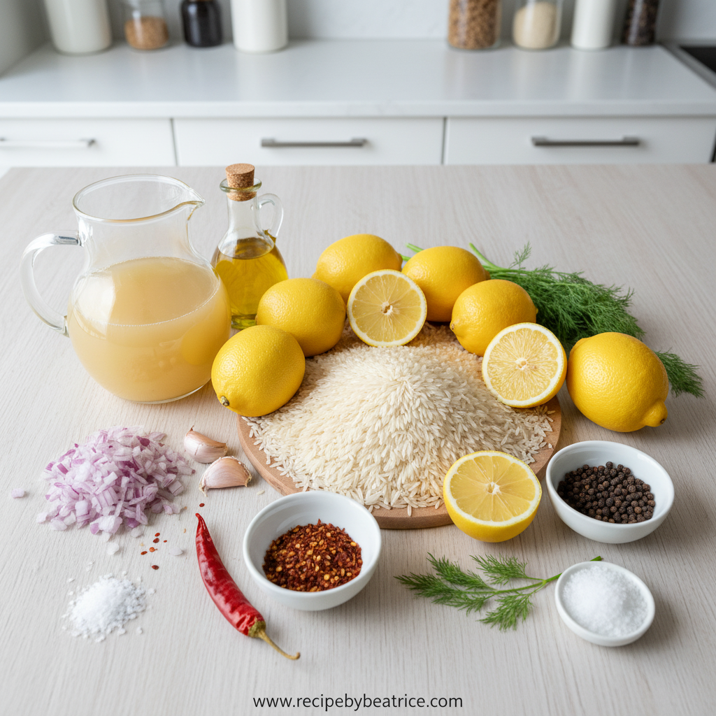 Fresh ingredients for spicy Greek lemon rice including lemons, rice, and herbs