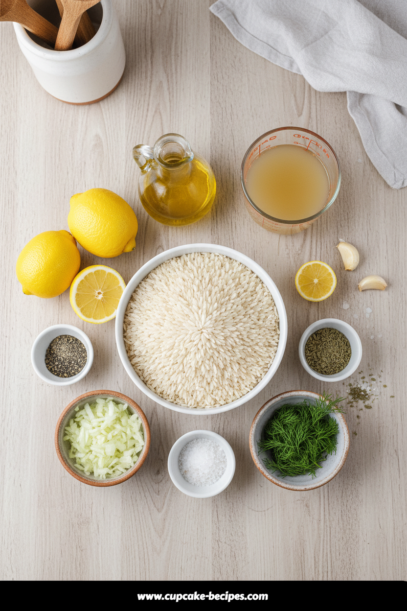 Fresh ingredients for Greek lemon rice including lemons, herbs, and rice