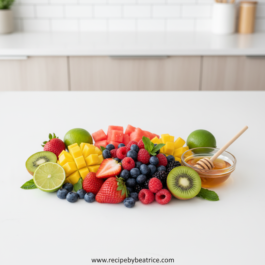 Fresh fruits and ingredients for honey lime salad