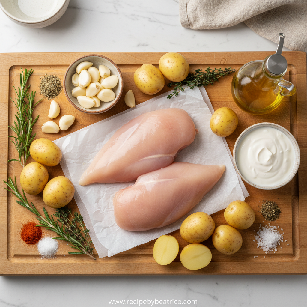 Ingredients for creamy garlic chicken and potatoes