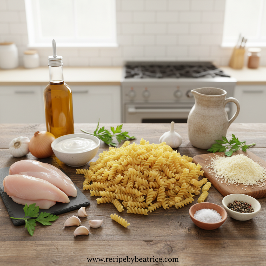 Ingredients for homemade chicken pasta including flour, eggs, chicken, and seasonings