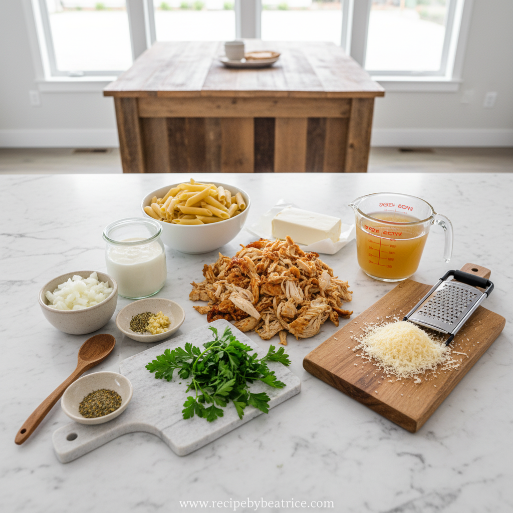 Ingredients for creamy rotisserie chicken pasta