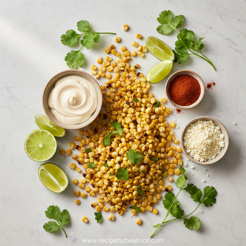 Fresh ingredients for Mexican corn salad including corn, lime, cilantro and spices