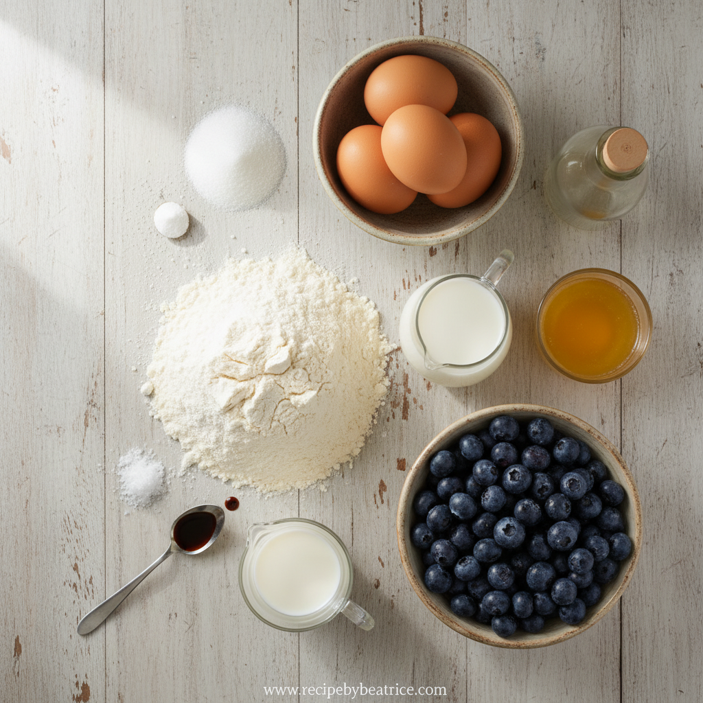 Ingredients for making blueberry muffins including flour, sugar, eggs, butter, and fresh blueberries