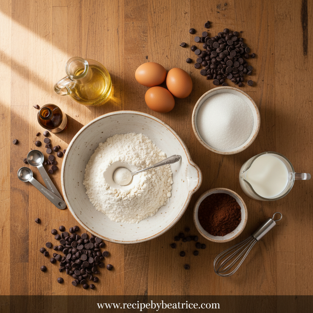 Ingredients for moist fudgy chocolate cake including flour, cocoa, sugar, and eggs