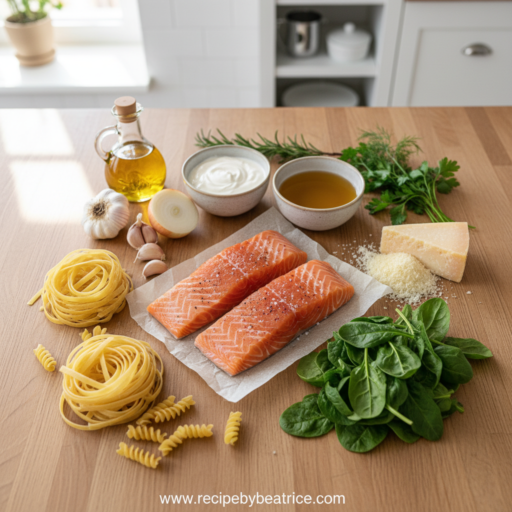 Ingredients for creamy salmon pasta