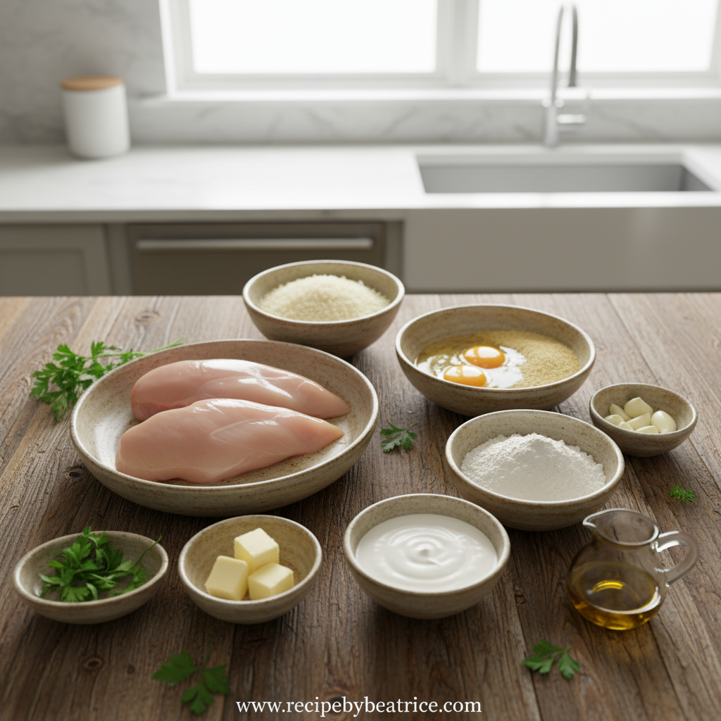 Ingredients for parmesan crusted chicken with creamy garlic sauce
