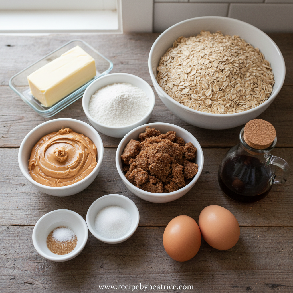 Ingredients for peanut butter oatmeal cookies laid out on counter