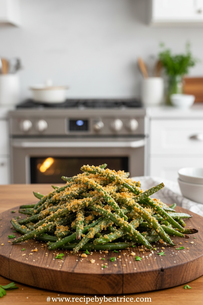 Savory garlic Parmesan roasted green beans in baking sheet
