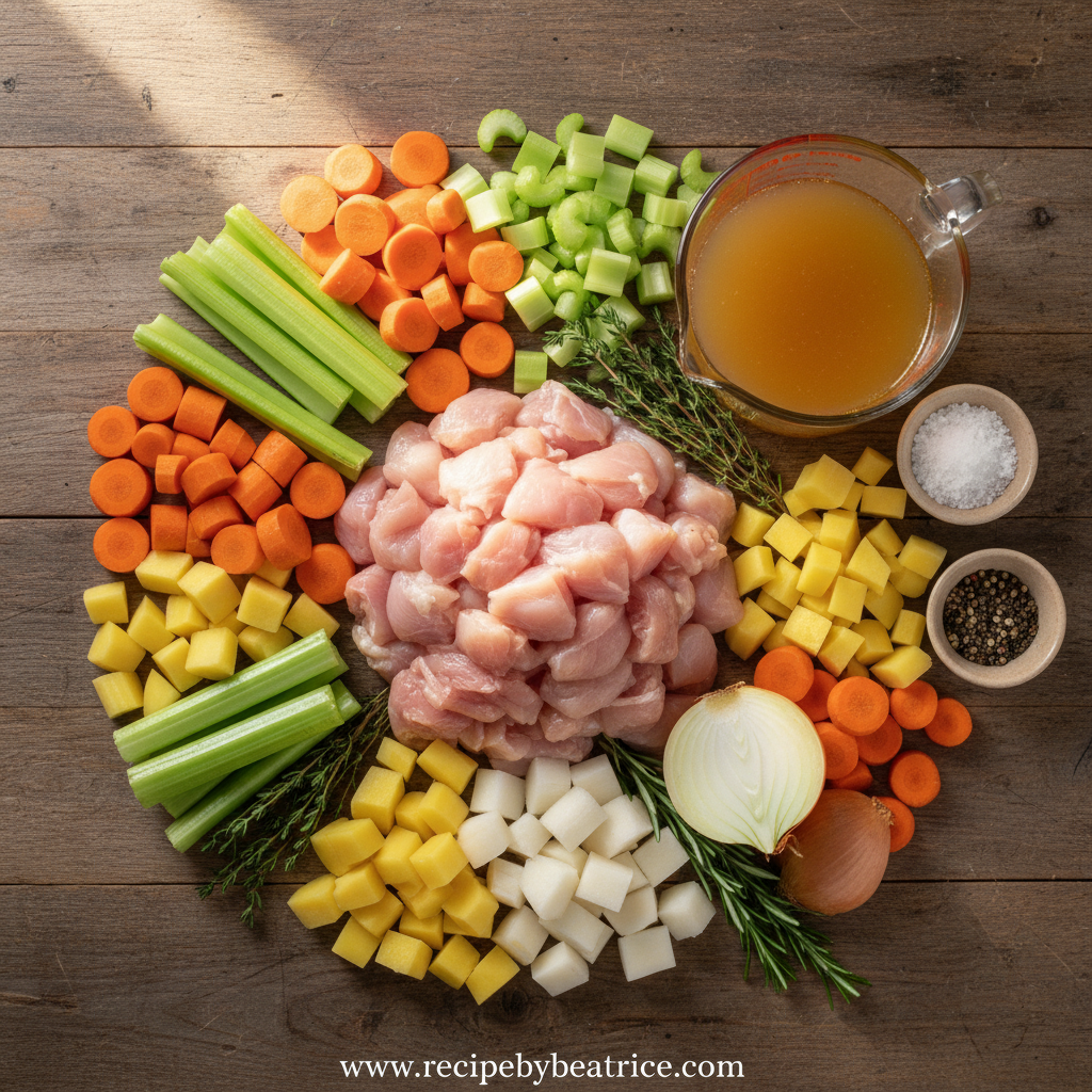 Fresh ingredients for chicken stew including chicken, carrots, potatoes, and herbs