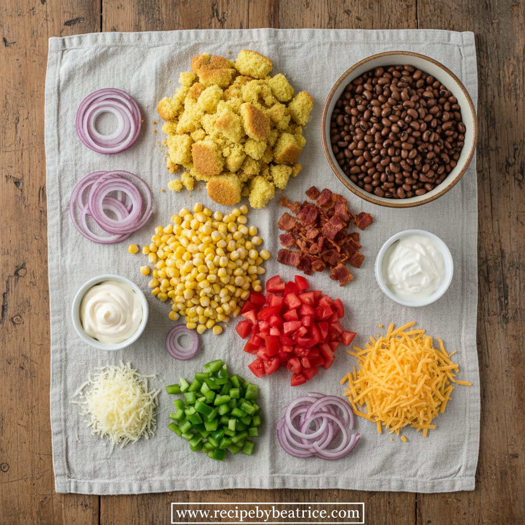 Ingredients for Southern cornbread salad arranged on counter