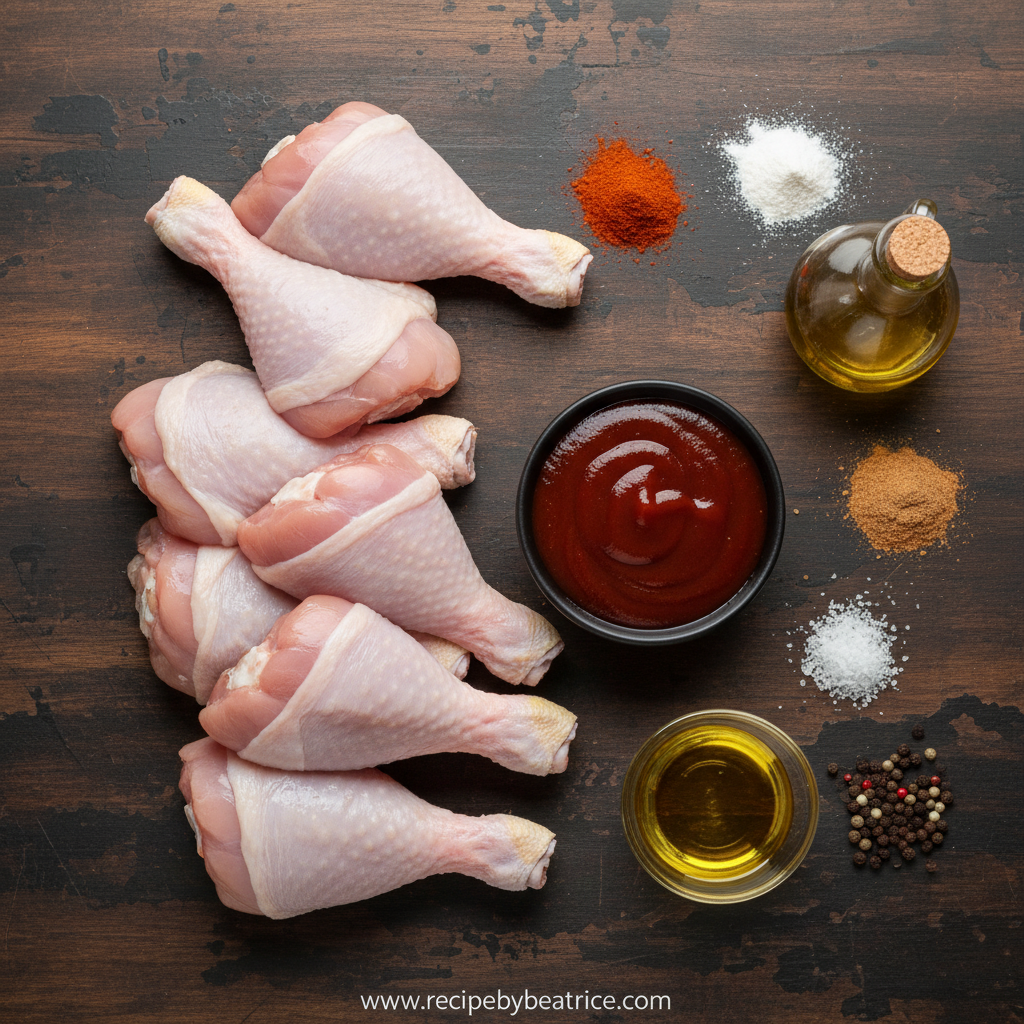 Ingredients for grilled BBQ chicken legs including chicken, spices, and barbecue sauce