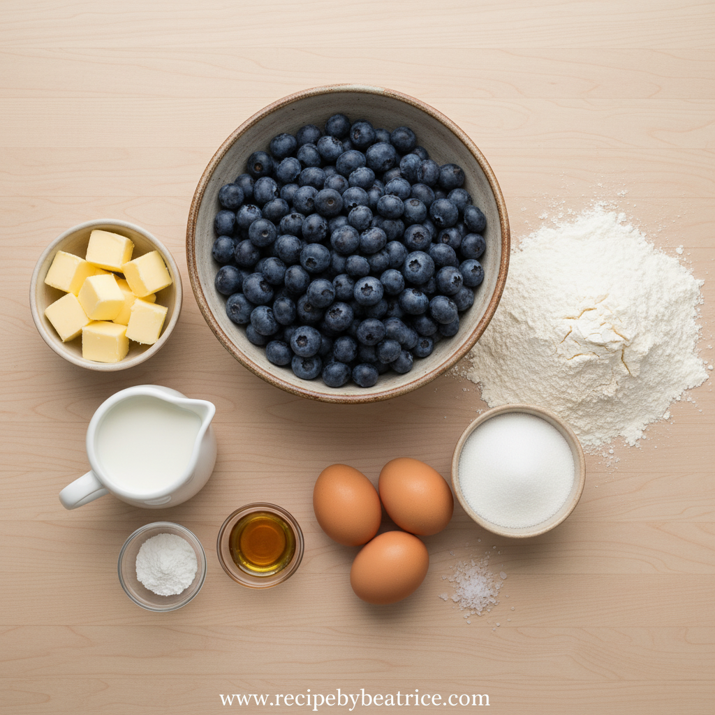 Ingredients for homemade blueberry muffins including flour, blueberries, eggs, and butter
