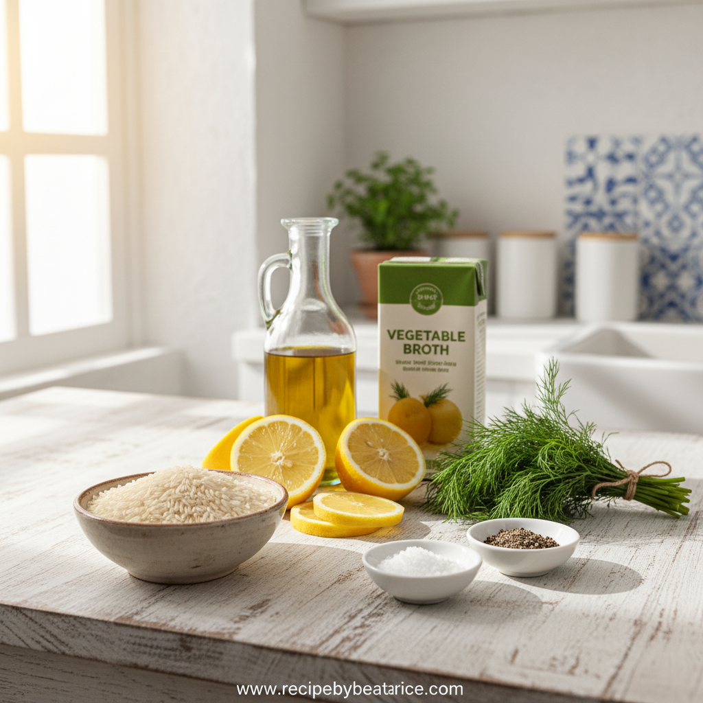 Ingredients for Greek lemon rice including rice, lemons, herbs, and olive oil