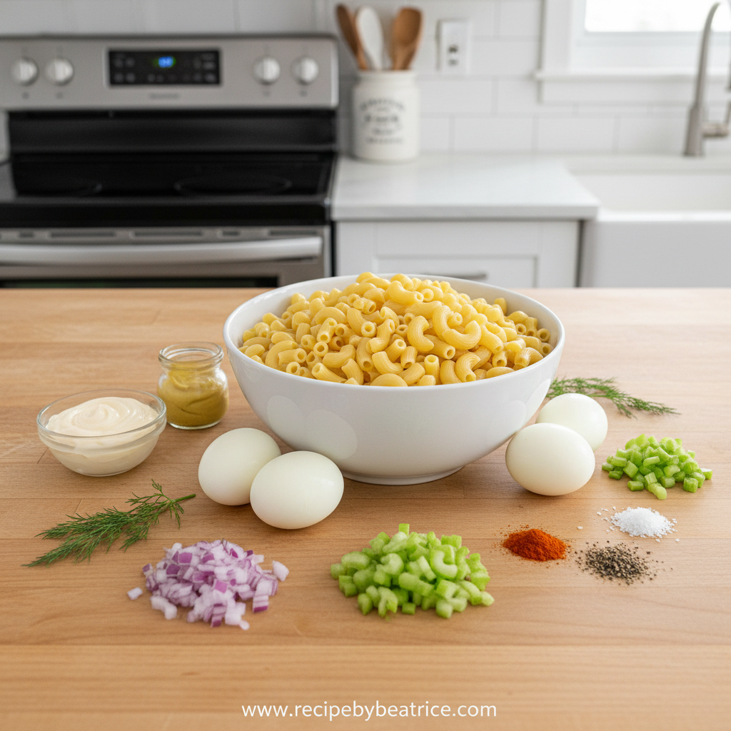 Ingredients for creamy deviled egg pasta salad