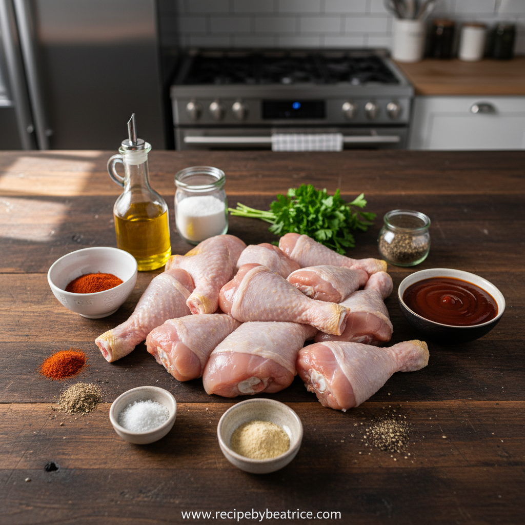 Ingredients for crispy BBQ chicken legs including chicken, spices, and barbecue sauce