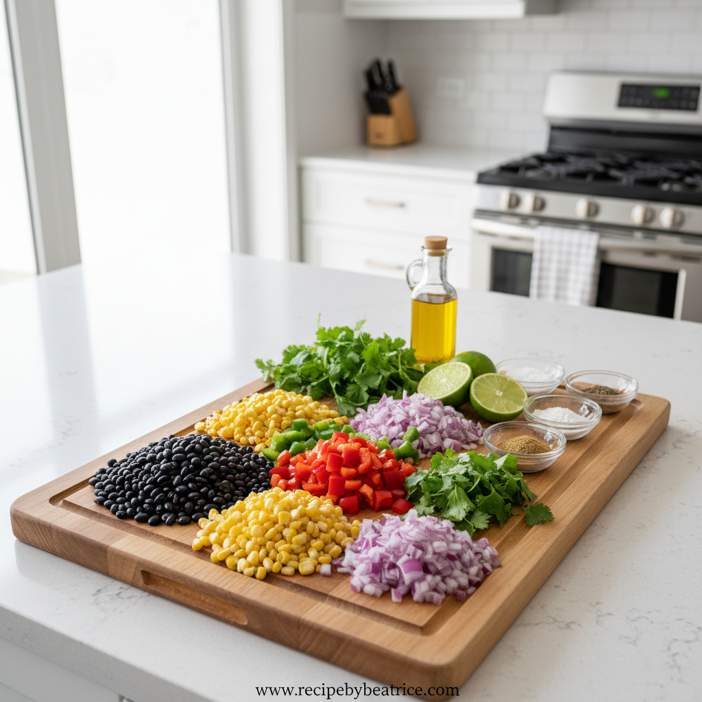 Ingredients for black bean salad including beans, corn, peppers, and lime
